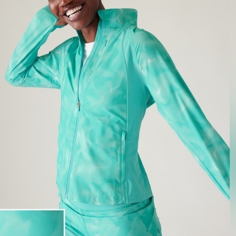 Athleta Run With It Athletic Full Zip Jacket Sz MP M Petite Blue Green Print